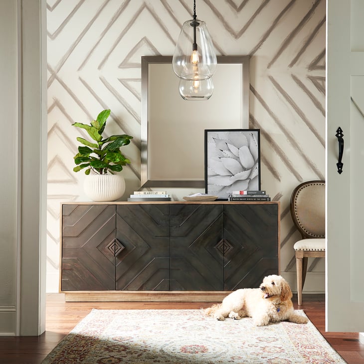 full-image-dog-on-rug-in-front-of-buffet-table